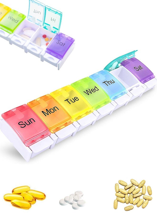 علبة حبوب أسبوعية مناسبة لمرضى التهاب المفاصل، خالية من مادة BPA، تتسع لـ 7 أيام، بتصميم يُفتح بنابض، وتحتوي على حجرة كبيرة لحفظ الفيتامينات وزيت كبد الحوت والمكملات الغذائية والأدوية. - Image 1